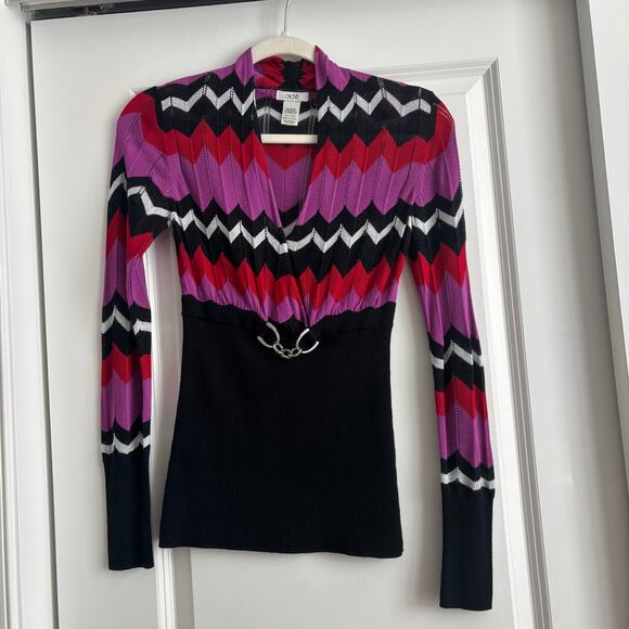 Vintage Cache Chevron Knit Top Sz S V-Neck Sweater Belted Cinch Waist Y2K 90s - Picture 1 of 8